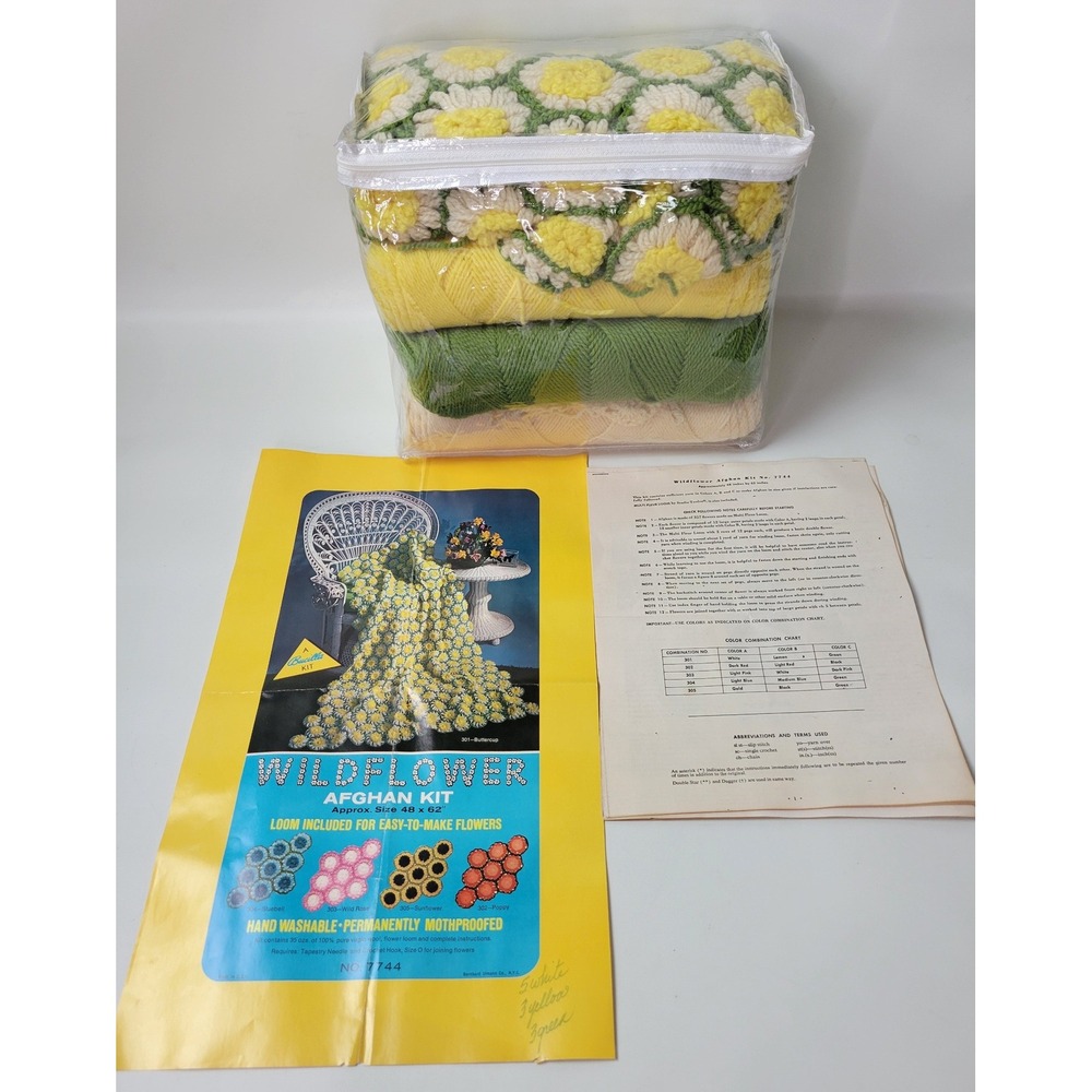 Vintage Bucilla Wildflower Afghan Kit 7744 Buttercup Wool Loom Flower Daisy‎ DIY